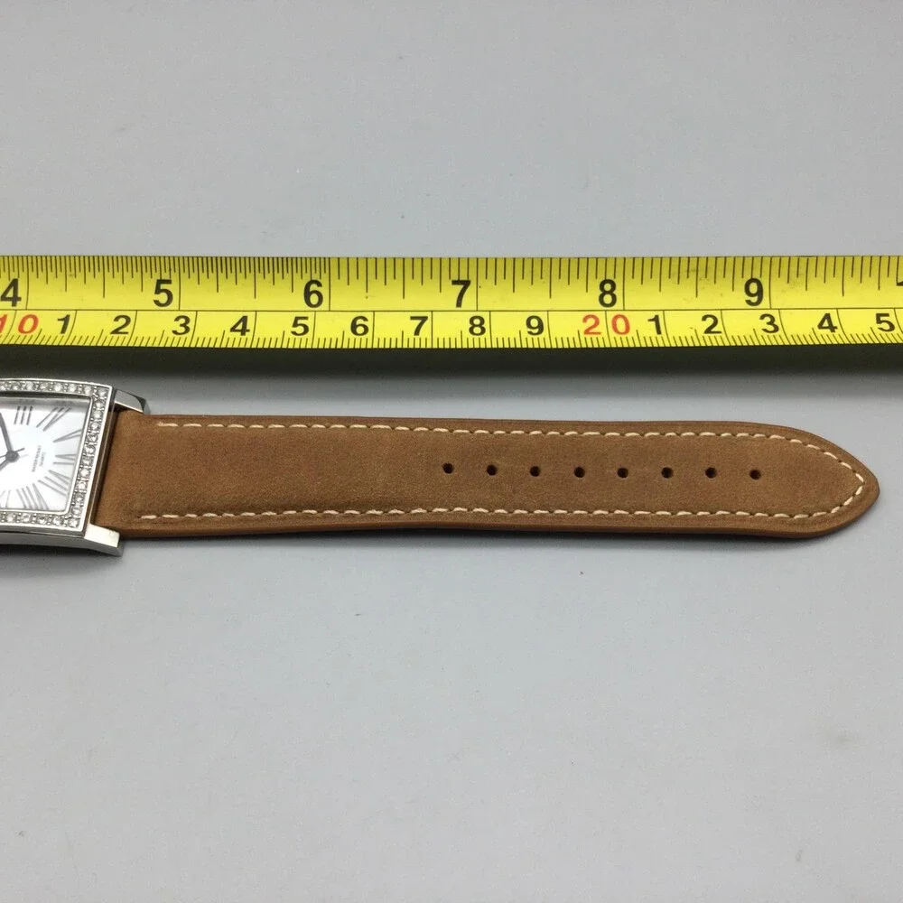 DMQ Square Watch Womens 28mm Silver Tone Crystals Tan Leather Strap New Battery